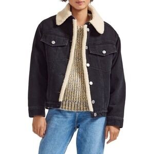 Maje 'Balta' Sherpa Lined Denim Trucker Jacket Size 36 Black Outdoor Layers‎
